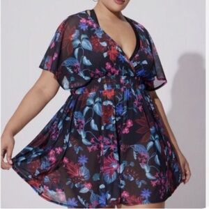 Swim Beach Cover-Up - Floral Mesh Smocked Waist